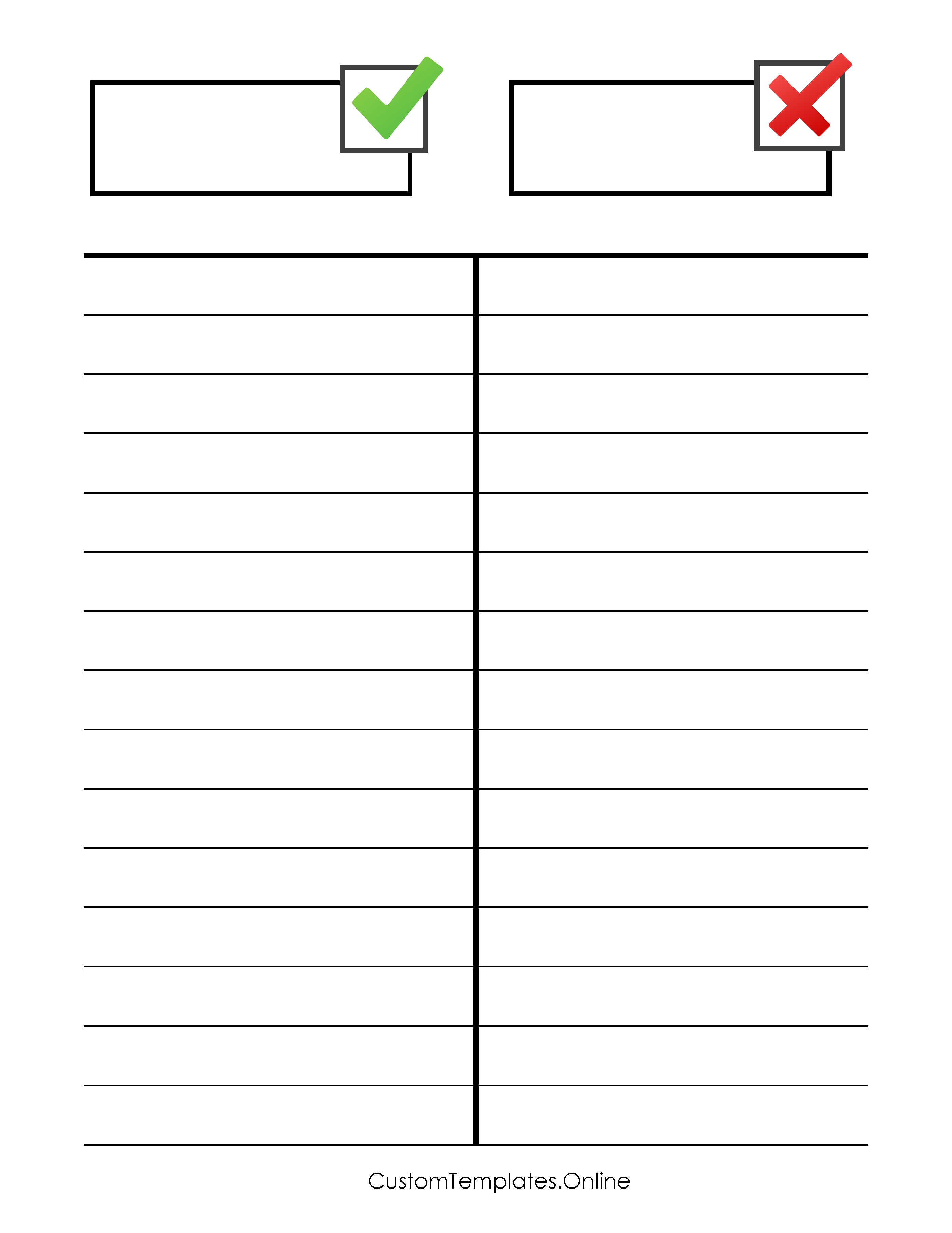 Two columns with many lines and two boxes for titles. One box has a green tick and the other has a red cross.