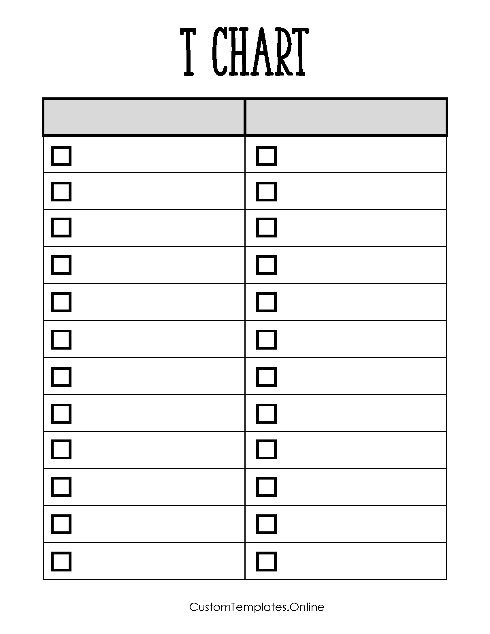 T chart template with a checklist on either side with checkboxes