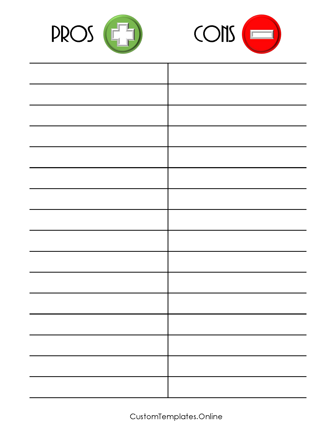 Two columns with20 lines and two titles pros with a green star and cons with a red icon