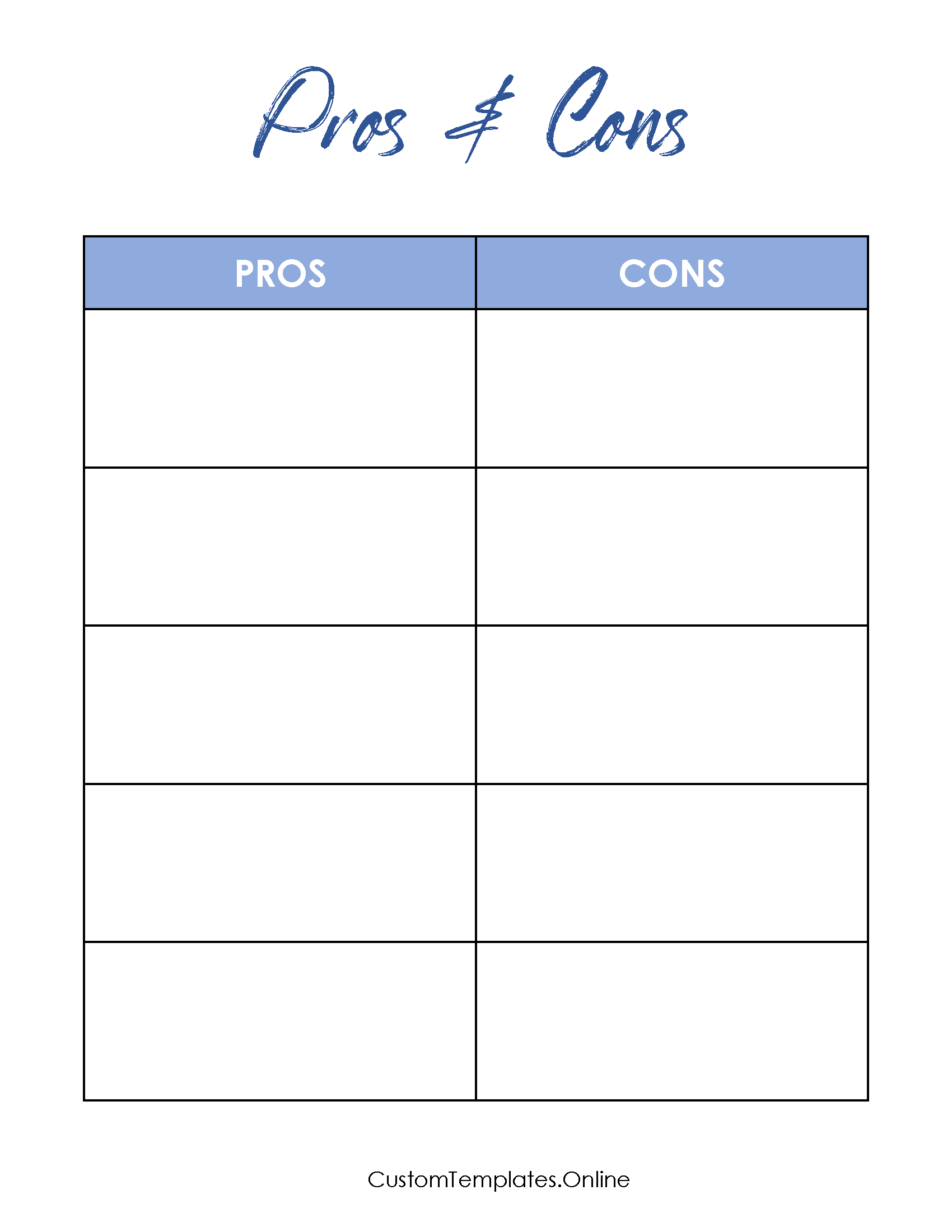 Pros vs cons two columns and a blue bar at the top for titles and a blue heading