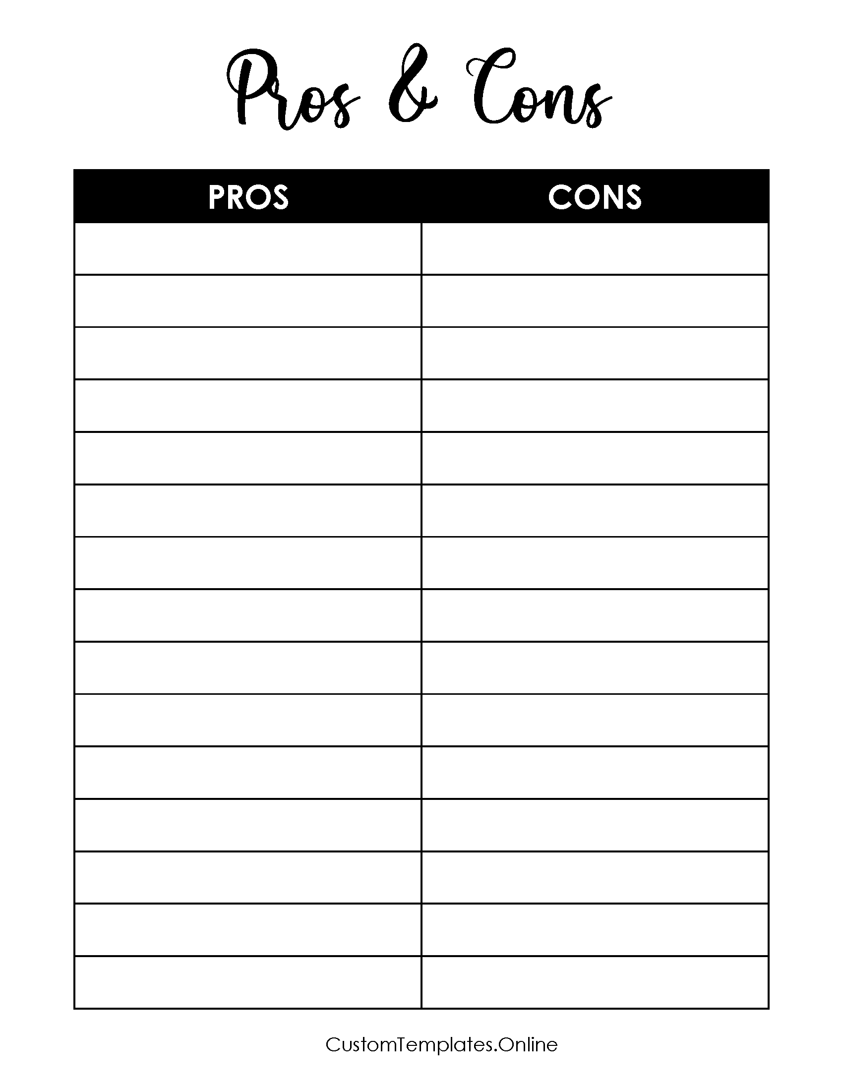 Pros and cons list with a pretty title and two columns to list the pros and cons