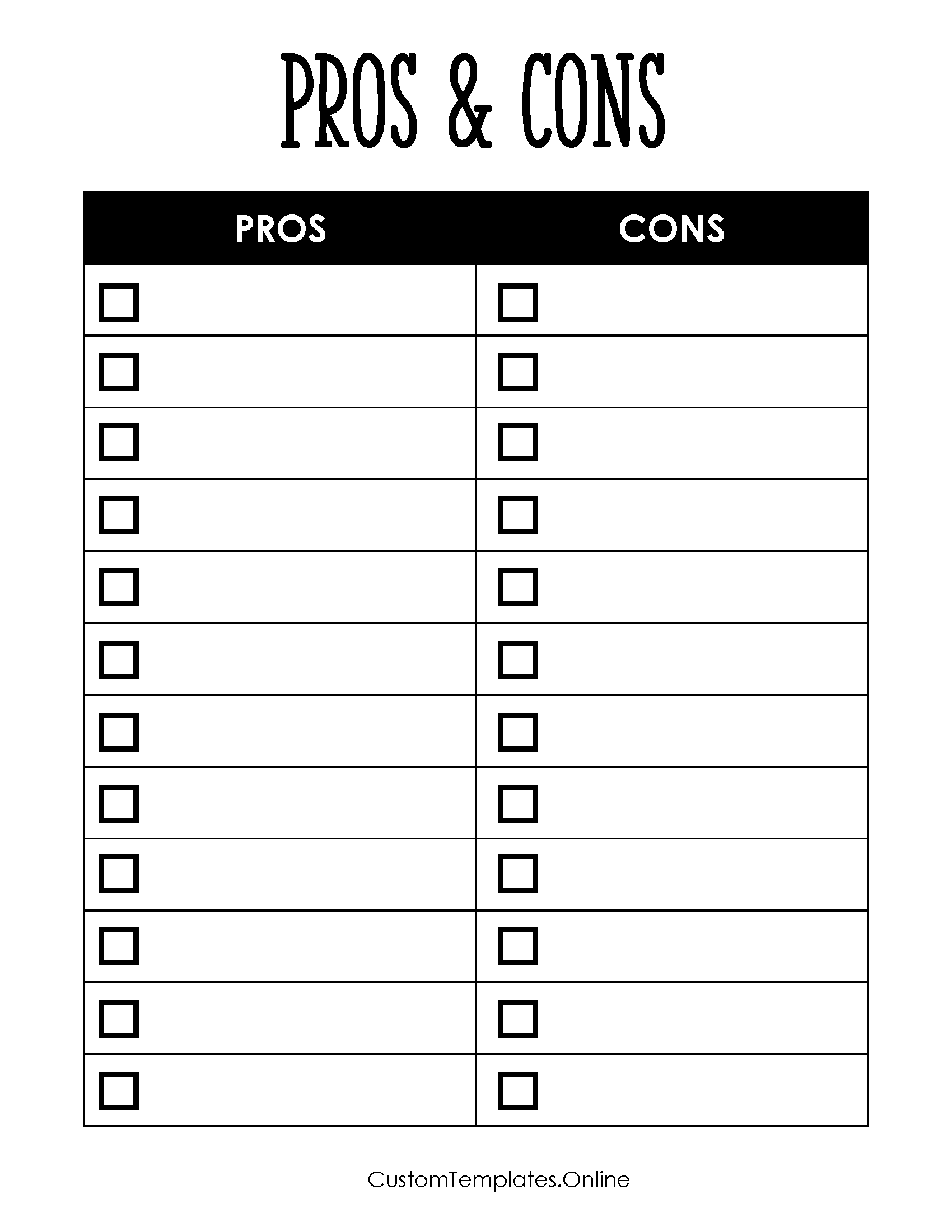 Pros and cons template with a checklist on either side with checkboxes